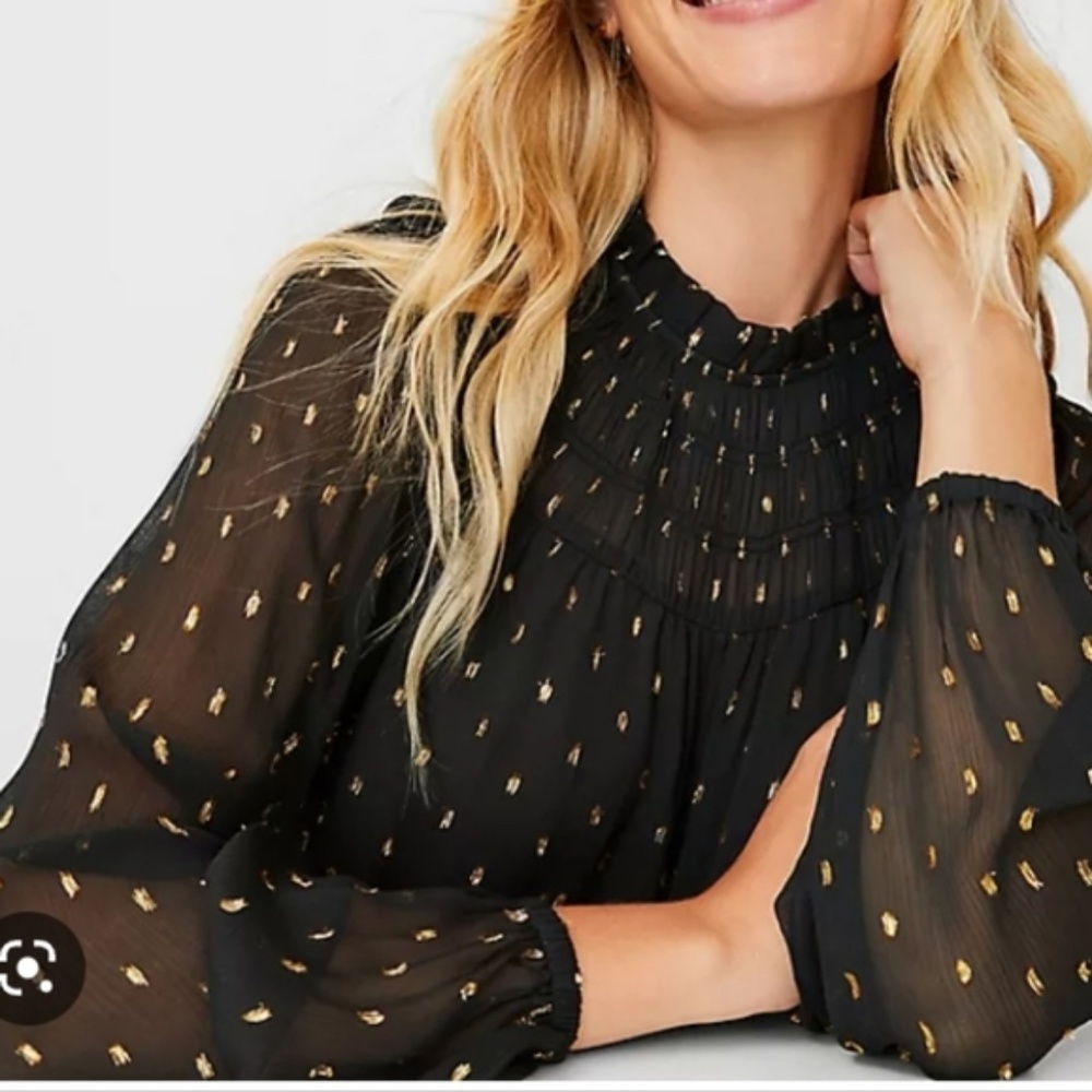 Ann Taylor Black Gold Metallic Clip Dot Blouse - XS Petite